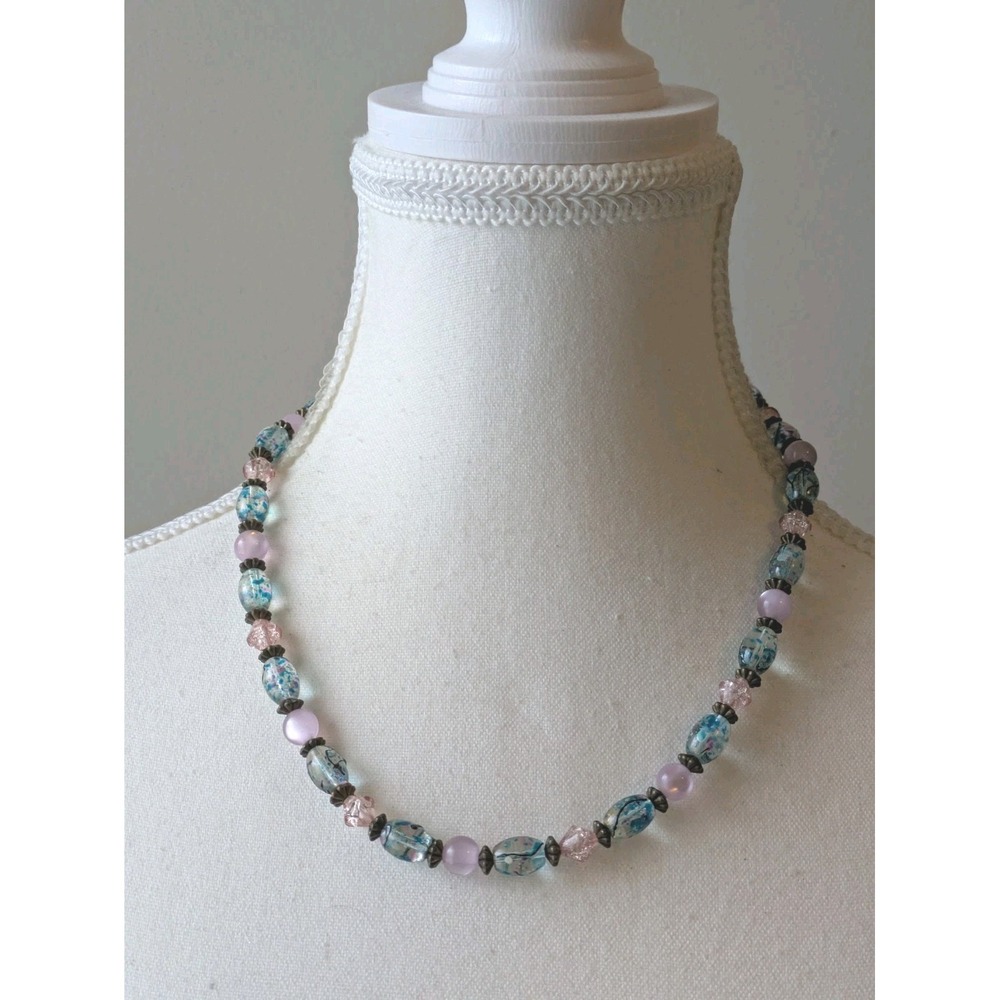 Artisan Glass Beaded Collar Necklace Pastel Blue Pink Romantic Artsy Boho 18"